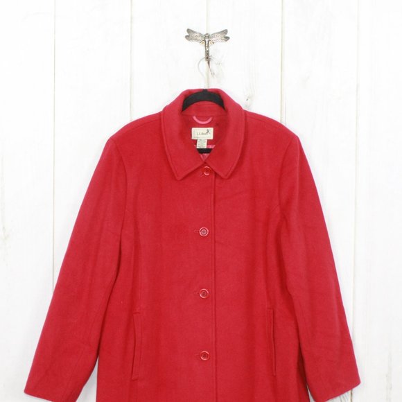 LL Bean Red Wool Blend Lined Button Down Collared Long Coat Jacket - Picture 2 of 9